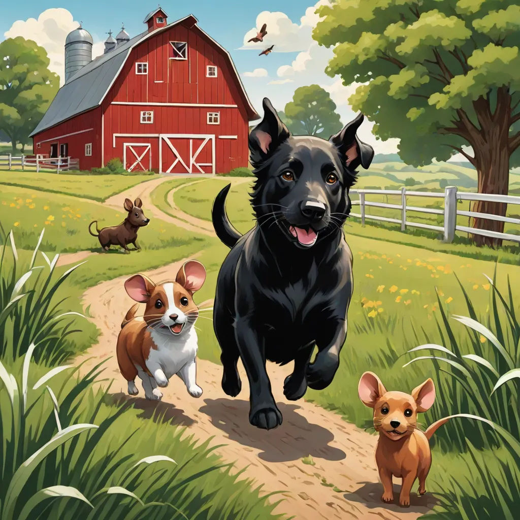 a painting of a dog running down a dirt road with three other dogs in the background and a barn in the background, american scene painting, a storybook illustration, Chris LaBrooy, comic cover art
