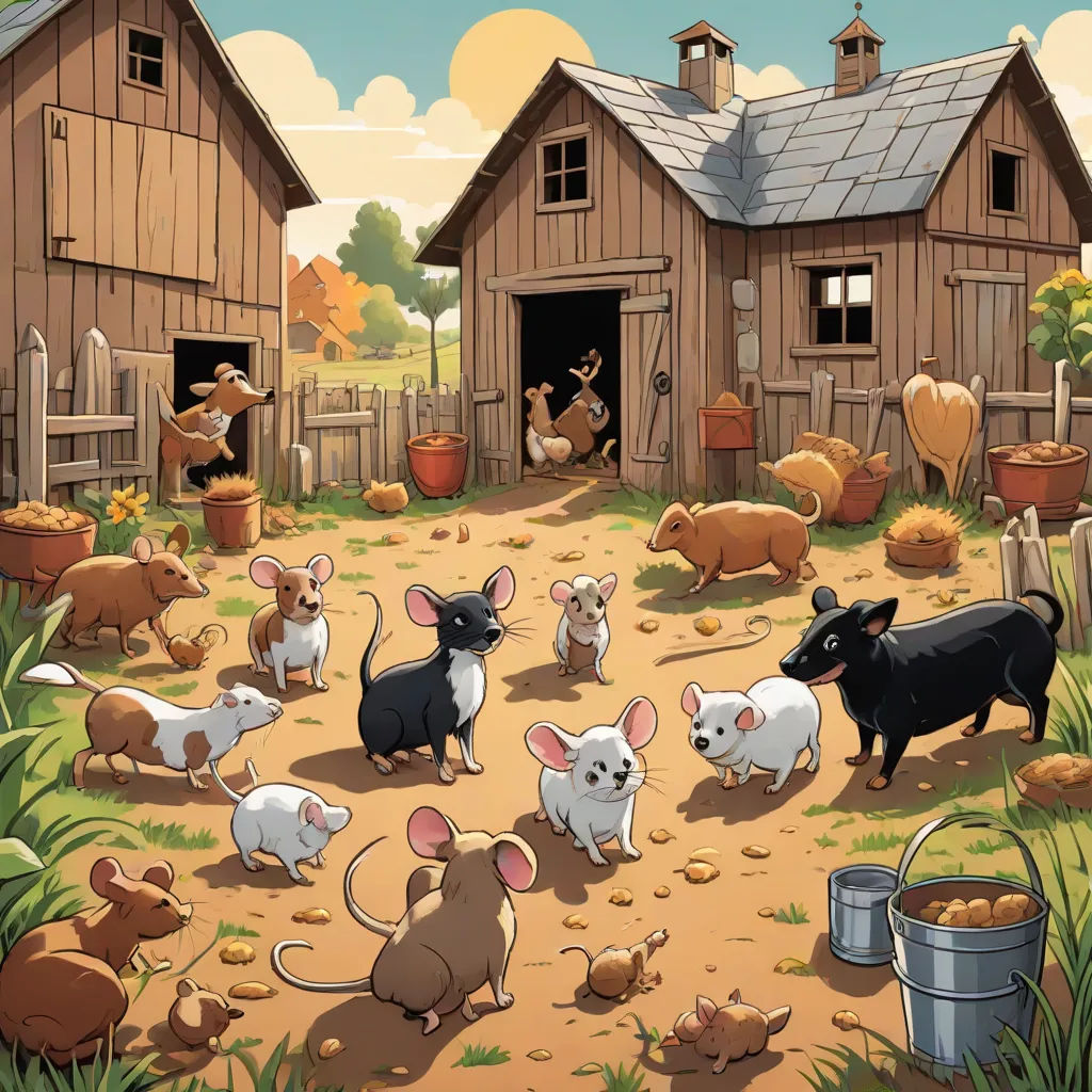 a group of animals standing in a dirt field next to a barn and a barn with a cow and a dog, synthetism, a storybook illustration, Brian Despain, storybook illustration