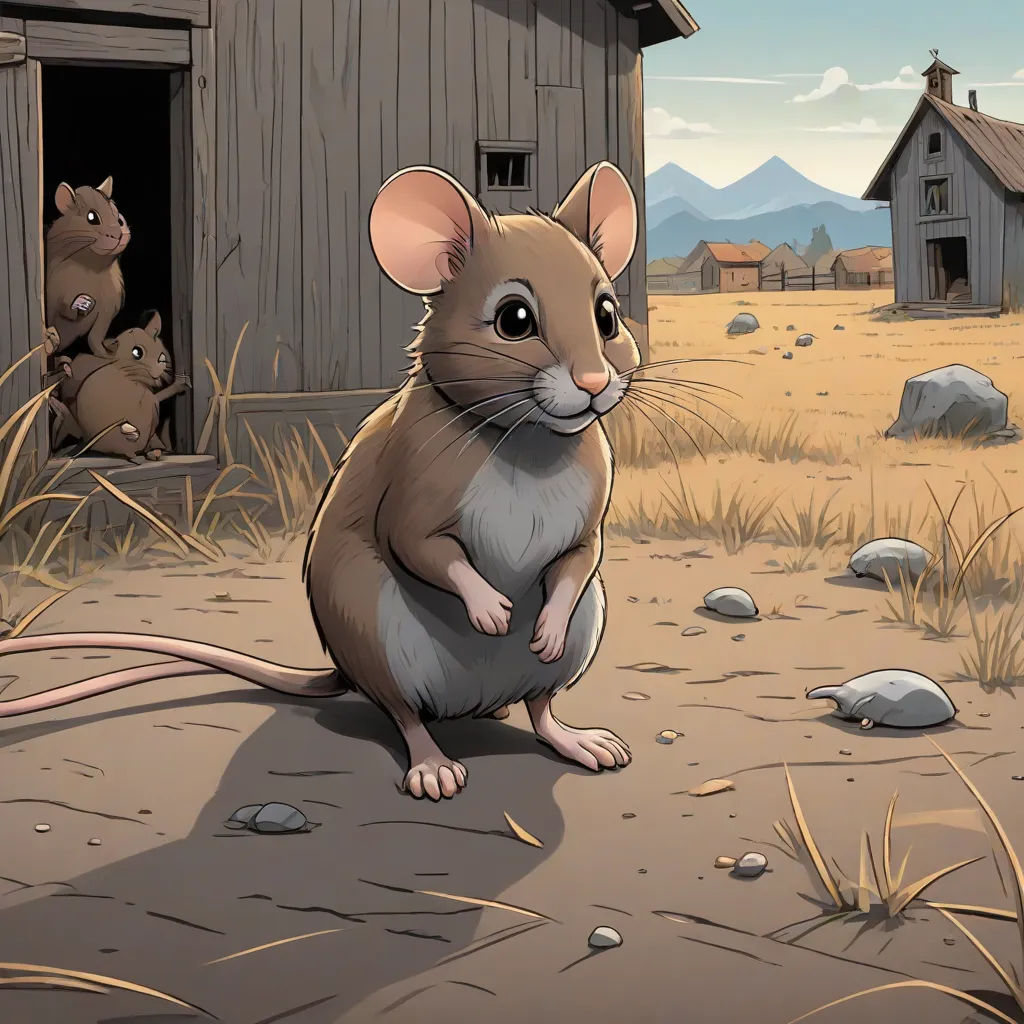 a mouse sitting on the ground in front of a barn and a few mice in the yard behind it, sots art, a storybook illustration, Art Spiegelman, storybook illustration