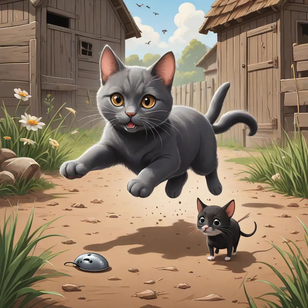 a cat and a mouse are in a yard with a barn and a fence in the background, and a house in the foreground, sots art, a storybook illustration, Chris LaBrooy, storybook illustration
