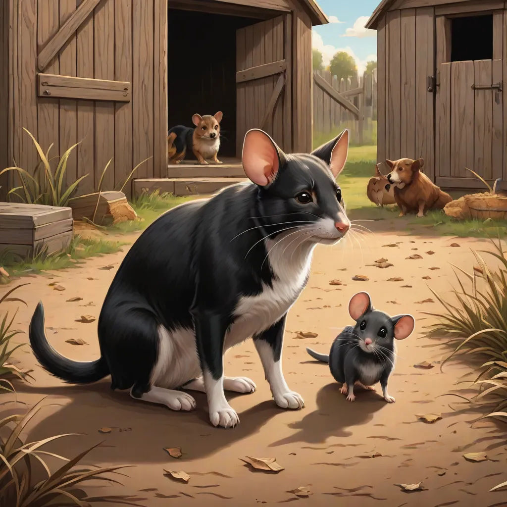 a painting of a black and white mouse and a black and white rat in a farmyard with a dog, sots art, a storybook illustration, Art Spiegelman, official art