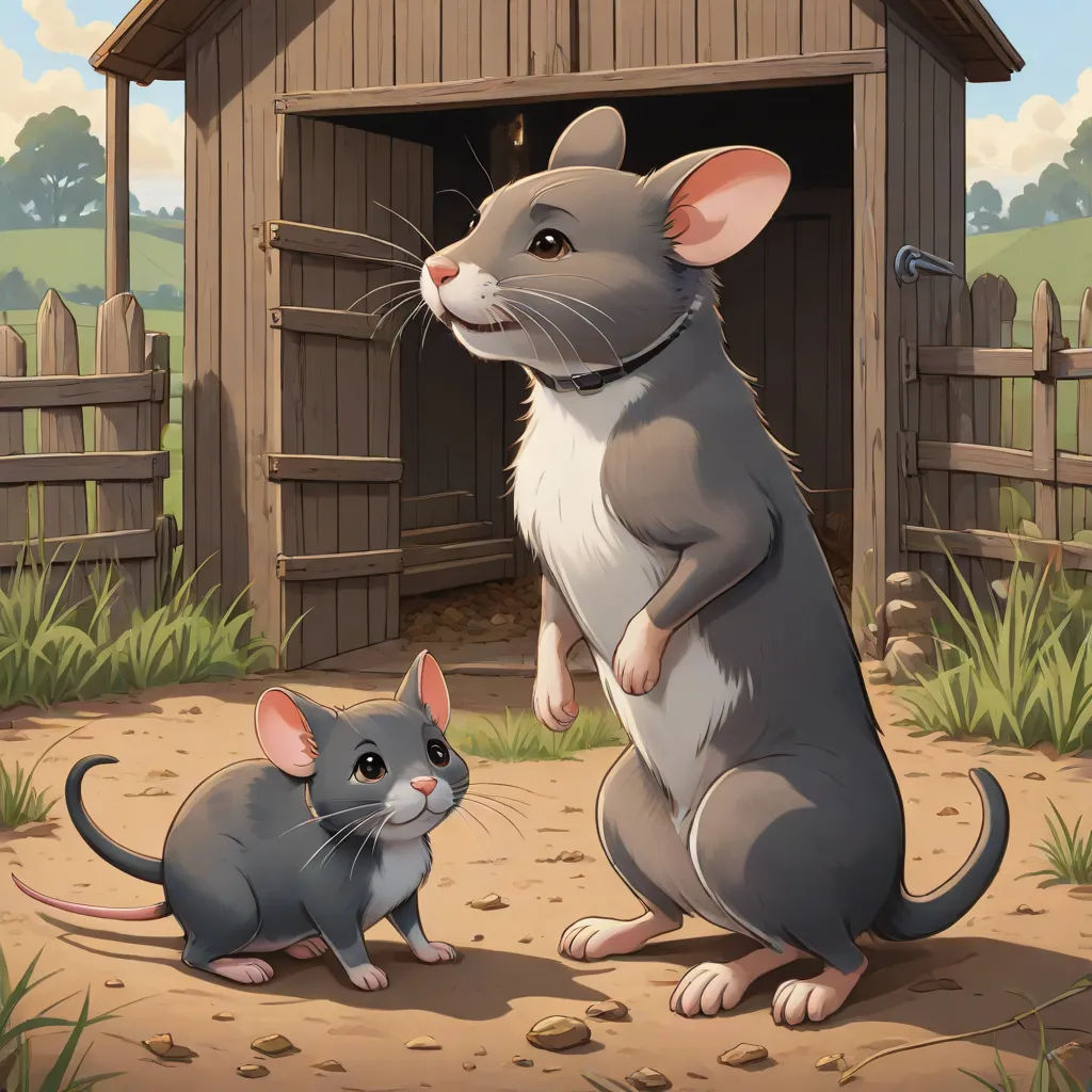 a mouse and a rat in front of a barn with a fence and a wooden door with a wooden gate, sots art, a storybook illustration, Chris LaBrooy, storybook illustration