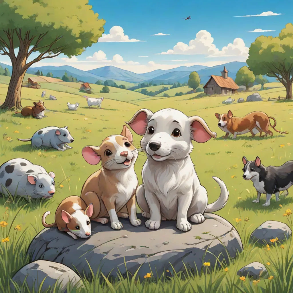 a painting of a dog and two puppies sitting on a rock in a field with other dogs and a house in the background, sots art, a storybook illustration, Cyril Rolando, official art