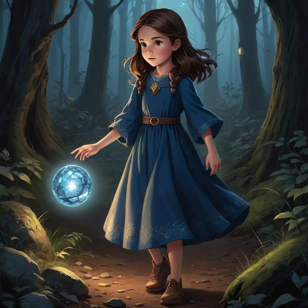 a girl in a blue dress holding a glowing orb in a forest with trees and rocks on the ground, fantasy art, a storybook illustration, Charlie Bowater, fantasy illustration