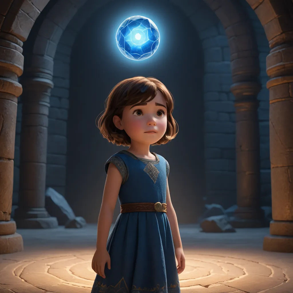 a little girl in a blue dress standing in a stone archway with a glowing orb above her head and a glowing orb above her head, symbolism, a poster, Ada Gladys Killins, promotional image