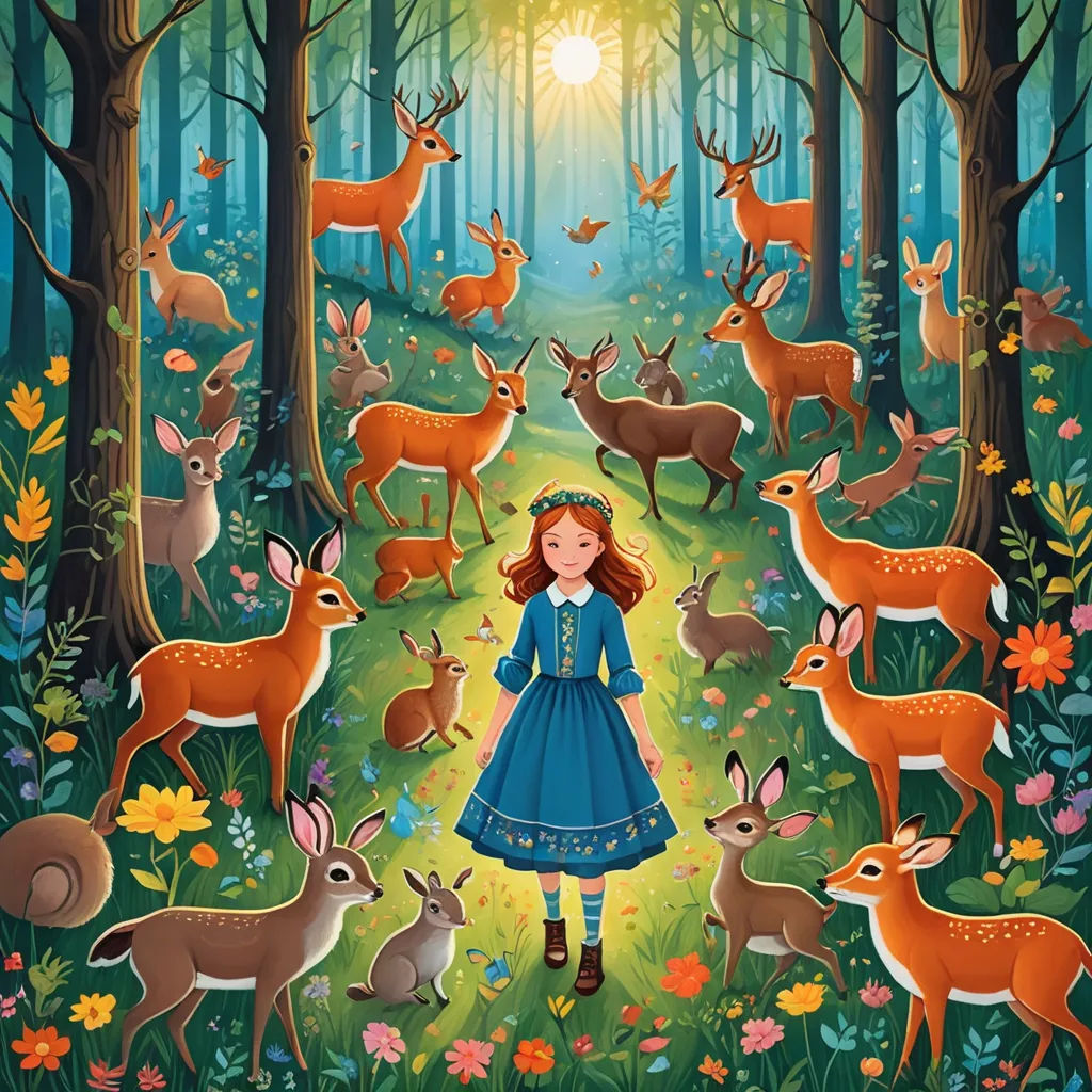 a painting of a girl surrounded by deer in a forest with a sun shining through the trees and flowers, magical realism, a storybook illustration, Elinor Proby Adams, storybook illustration