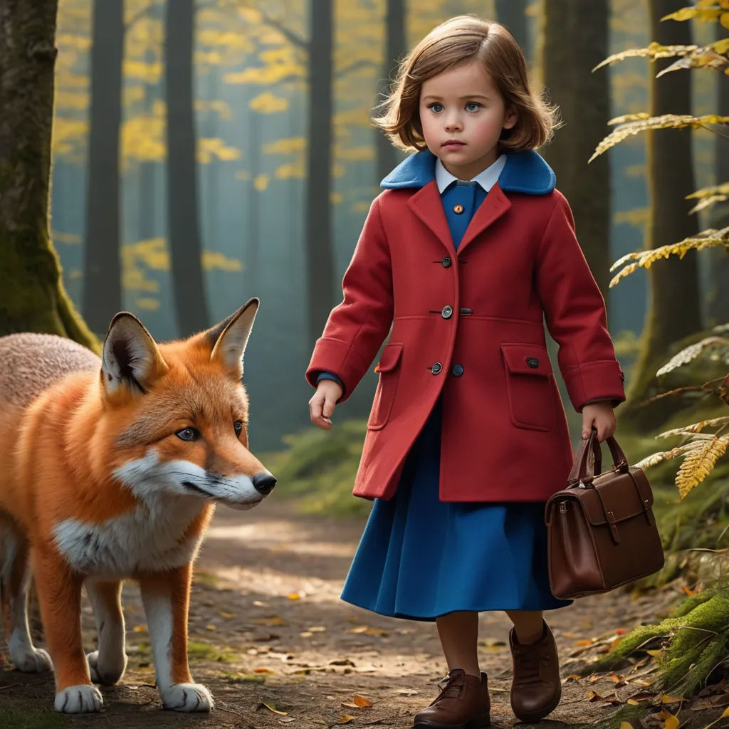 a little girl in a red coat and a fox in a forest with a handbag and purse on a path, magical realism, poster art, Anne Said, promotional image