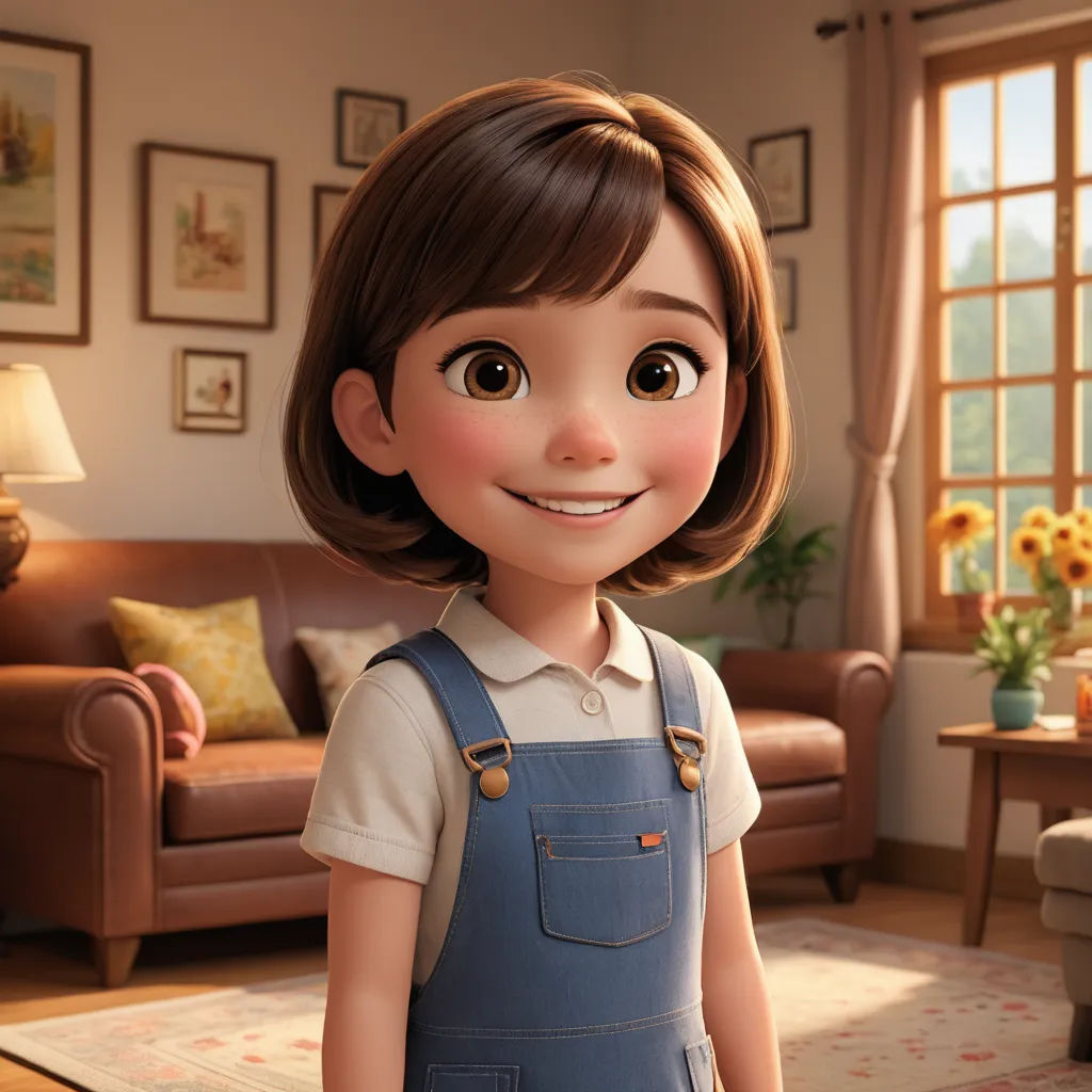 a cartoon character is standing in a living room with a couch and a table in the background and a sunflower in the foreground, photorealism, a character portrait, Charlotte Harding, unreal engine 5 quality render