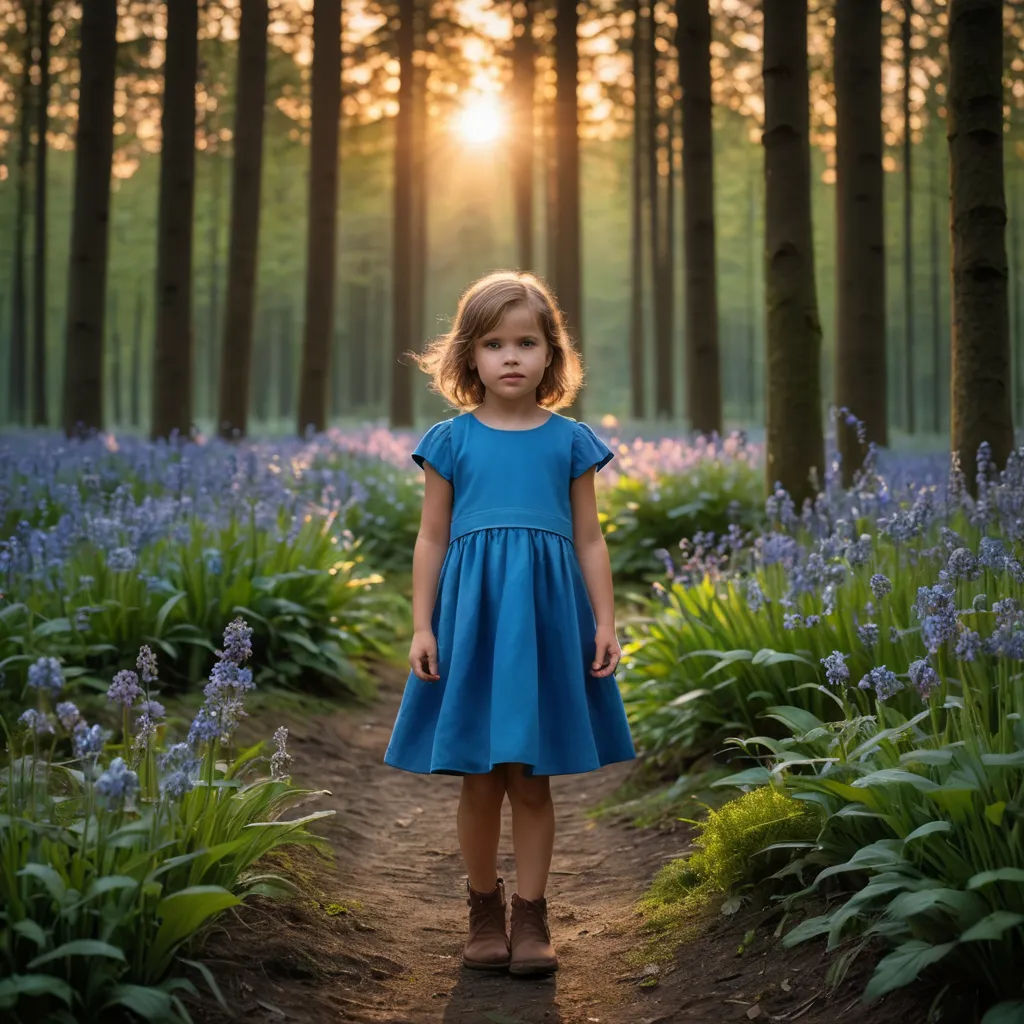 a little girl standing in a forest with bluebells and trees in the background at sunset or sunrise, environmental art, a storybook illustration, Elke Vogelsang, award-winning photograph