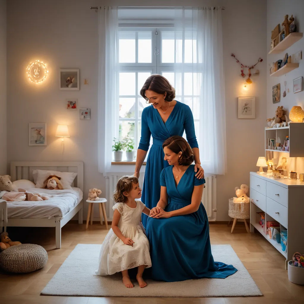 a woman and a little girl in a room with a window and a bed and a rug on the floor, light and space, a storybook illustration, Florianne Becker, portrait photography