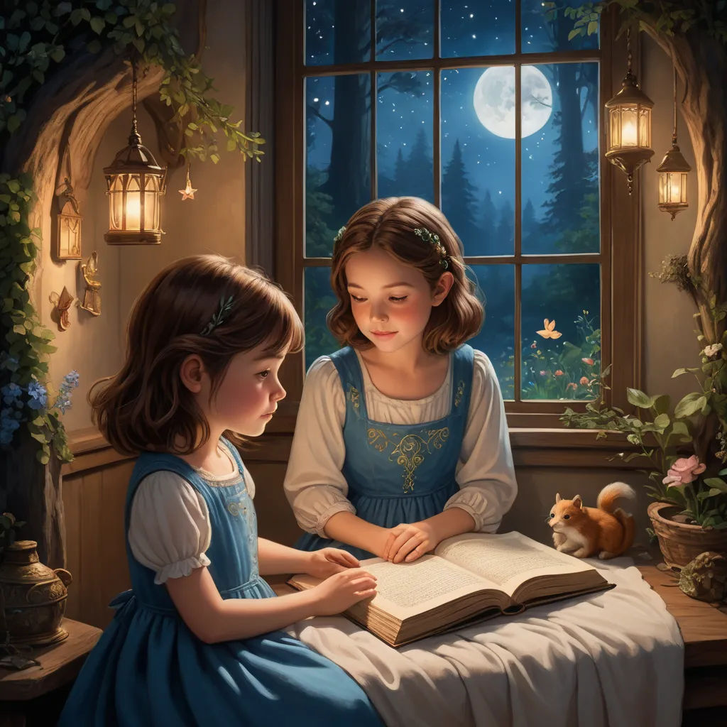 two little girls sitting at a window reading a book together, with a cat nearby and a full moon in the sky, fantasy art, a storybook illustration, Brothers Hildebrandt, storybook illustration