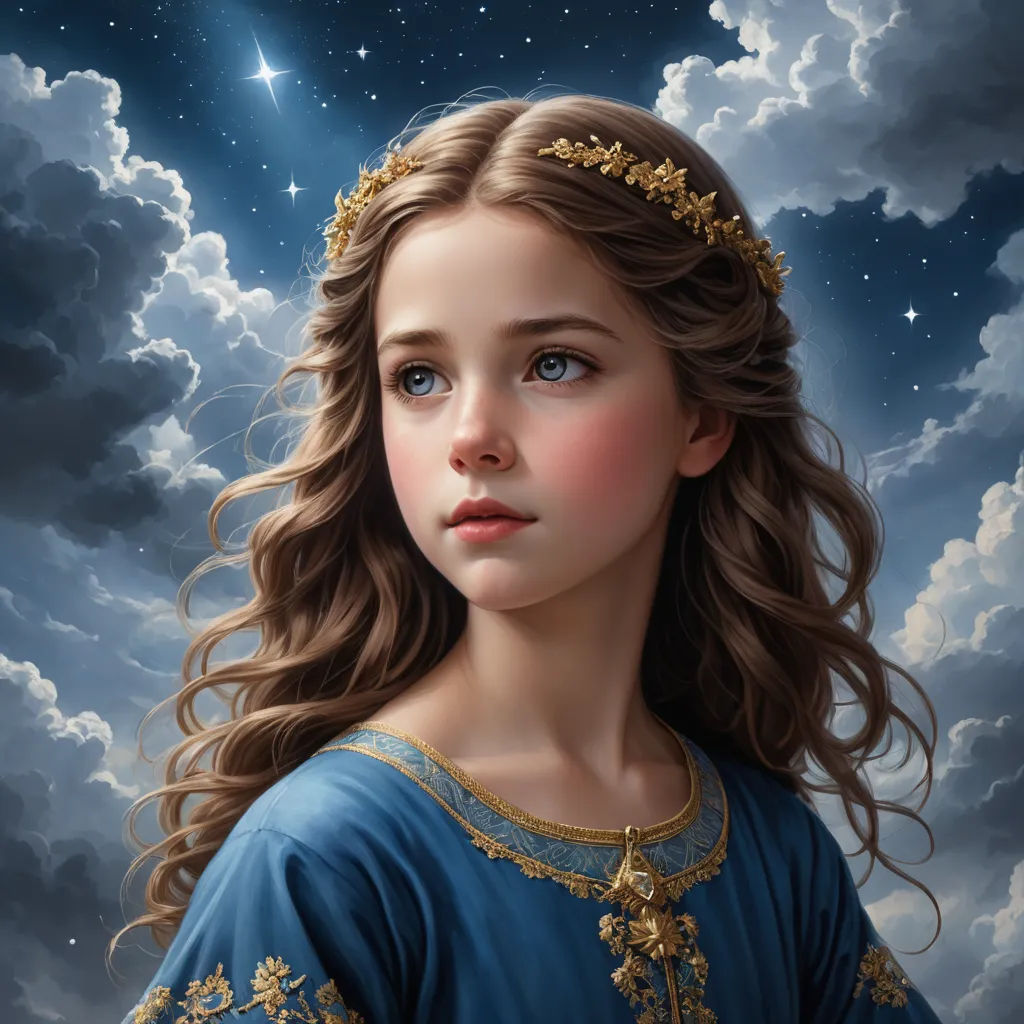 a painting of a girl with long hair and a tiara on her head, looking up at the sky, fantasy art, a detailed painting, Anne Stokes, highly detailed digital painting