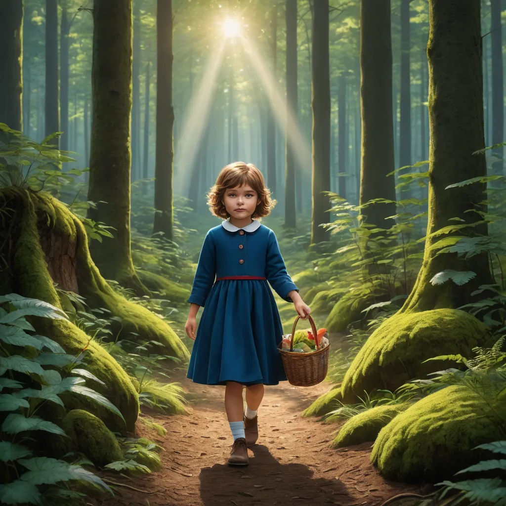 a little girl in a blue dress holding a basket of food in a forest with sunbeams above her, magical realism, poster art, Dorothy Coke, promotional image