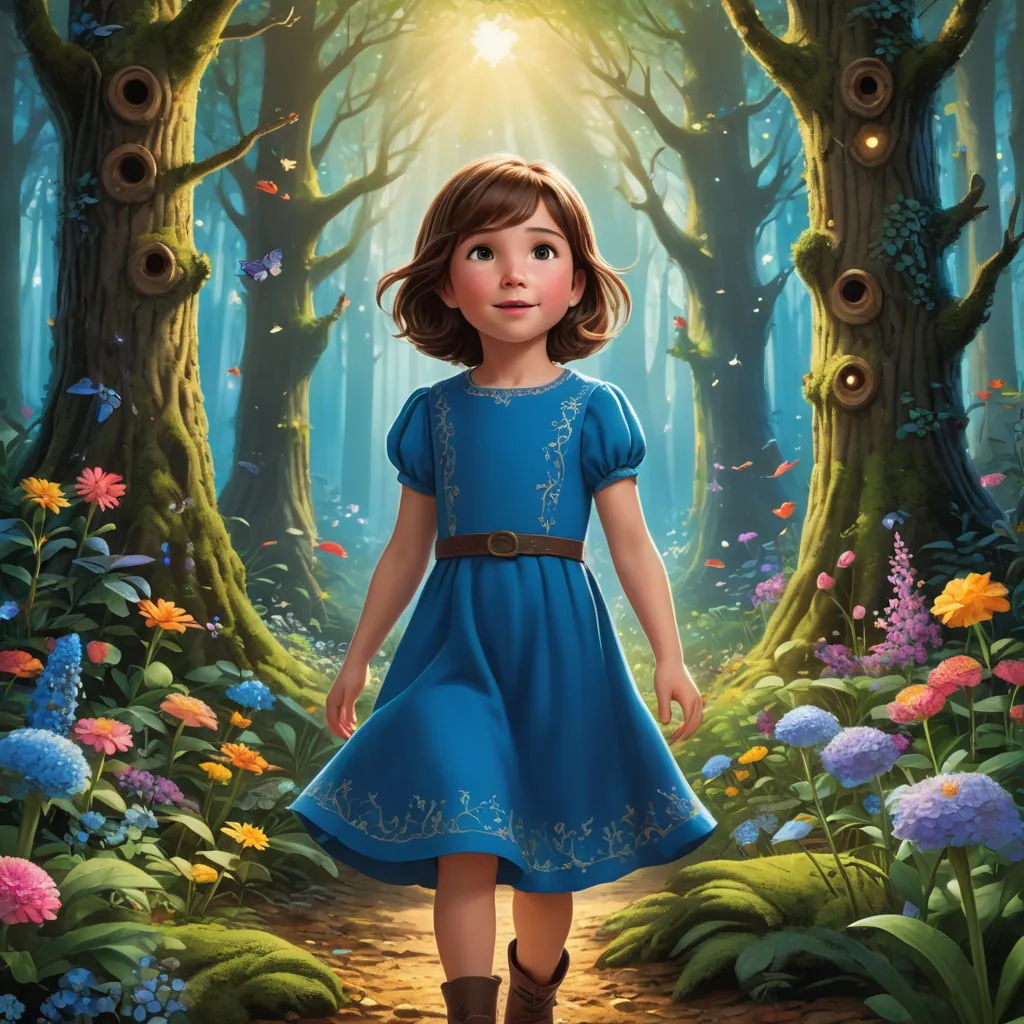 a painting of a girl in a blue dress walking through a forest with flowers and trees on either side of her, magical realism, a storybook illustration, Alice Prin, promotional image