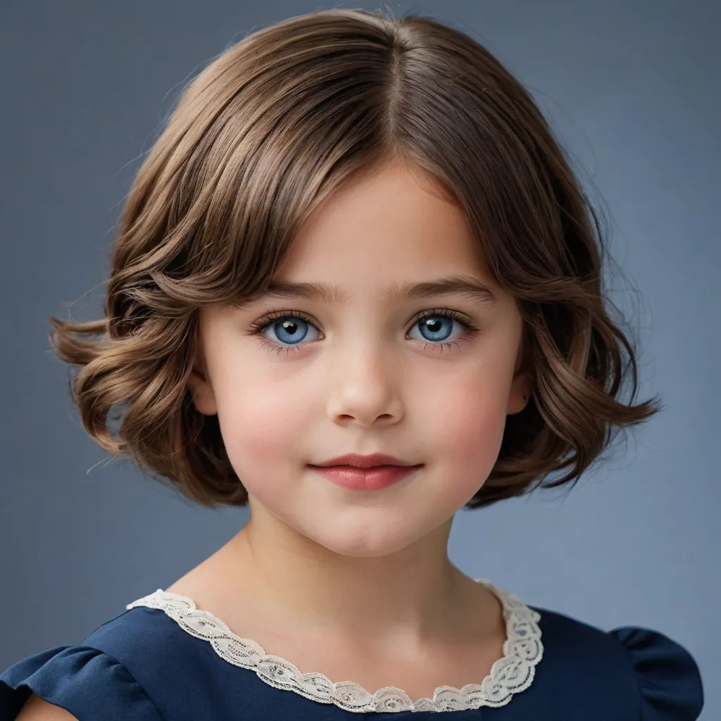 a young girl with a blue eyes and a short haircut is posing for a portrait in a blue dress, photorealism, a character portrait, Constance Gordon-Cumming, kai carpenter