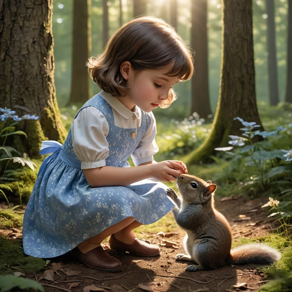 a little girl feeding a squirrel in the woods with sunlight shining through the trees behind her and a squirrel sitting on the ground, magical realism, a storybook illustration, Chippy, award-winning photograph