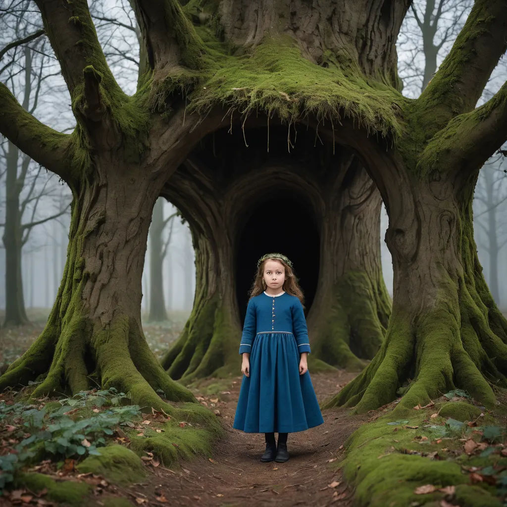 a little girl standing in front of a tree tunnel in the woods with moss growing on the trees and the ground, magical realism, a storybook illustration, Elinor Proby Adams, award-winning photograph