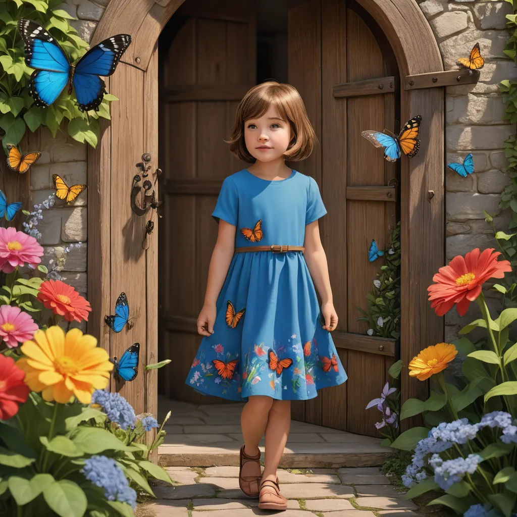 a little girl standing in front of a doorway with butterflies on it and flowers around her and a butterfly on the door, photorealism, a storybook illustration, Evaline Ness, promotional image
