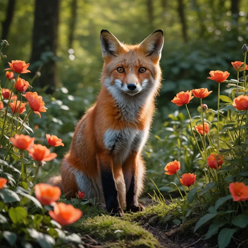 a fox sitting in a field of flowers with trees in the background and sunlight shining on the ground and the grass, furry art, a picture, Arie Smit, animal photography