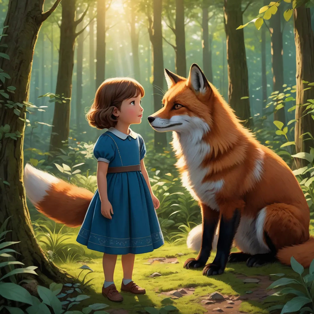 a little girl standing next to a fox in a forest with trees and grass on the ground and sunlight shining through the trees, furry art, a storybook illustration, Aaron Jasinski, official art