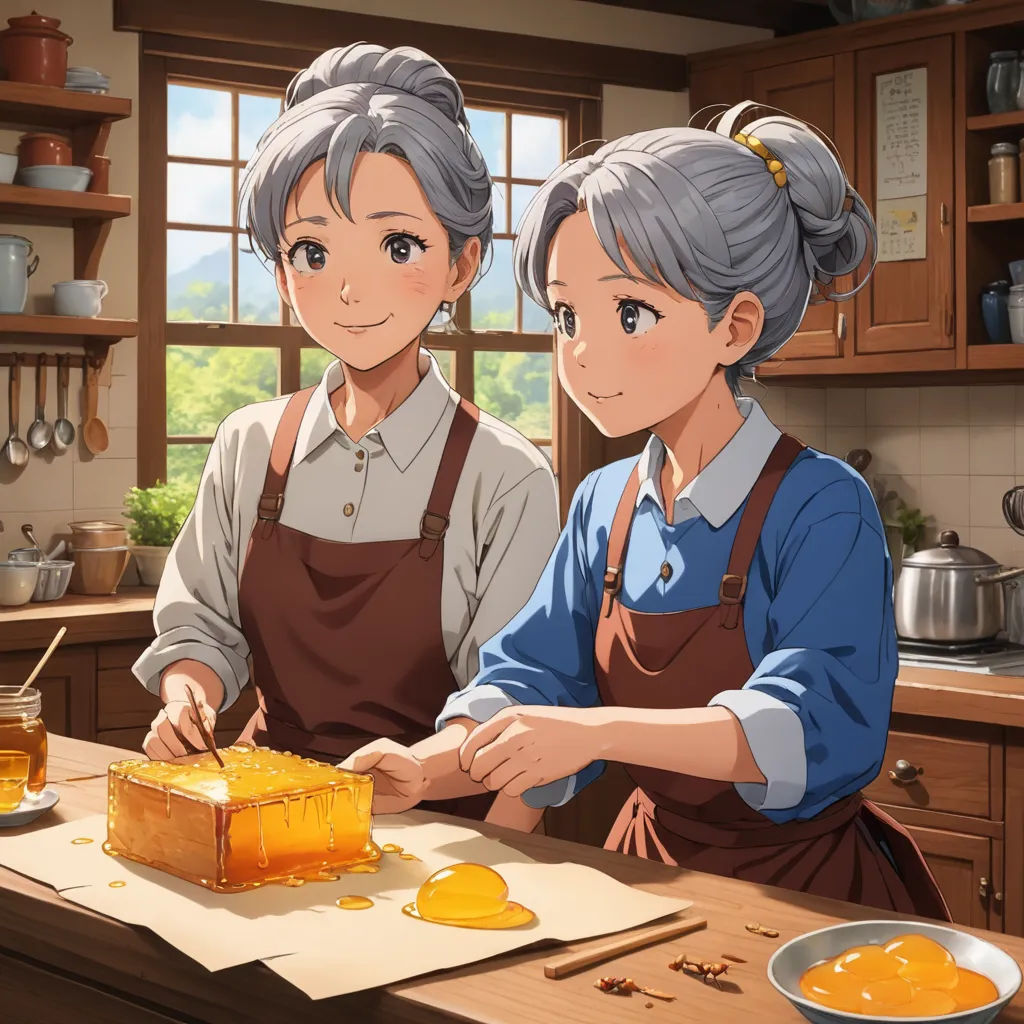 two people standing in a kitchen with a cake on a table and a bowl of honey on the counter, remodernism, concept art, Anne Said, official art