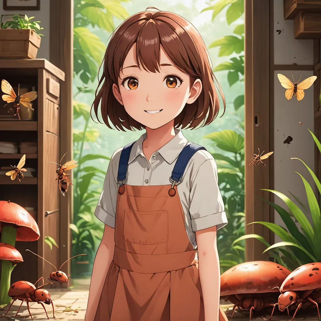a girl in a brown dress standing in front of a forest with bugs and a butterfly on the ground, remodernism, a character portrait, Chizuko Yoshida, official art