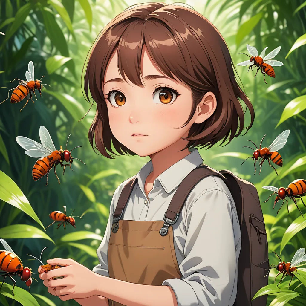 a girl with a backpack and bees in the background of a jungle of leaves and plants, with a girl looking at the camera, sots art, a character portrait, Ai-Mitsu, official art
