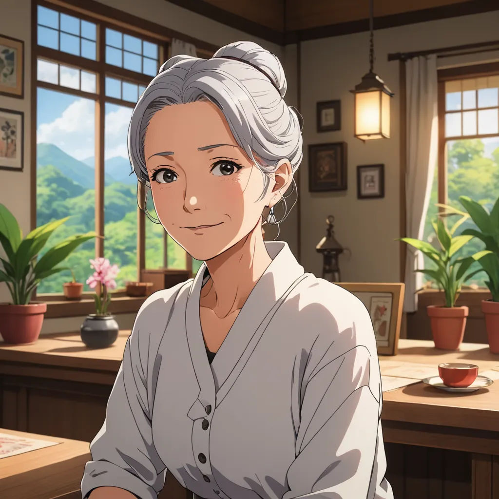 a woman sitting at a table in a room with a window and potted plants on the table and a potted plant in the window, ukiyo-e, a character portrait, Chizuko Yoshida, official art