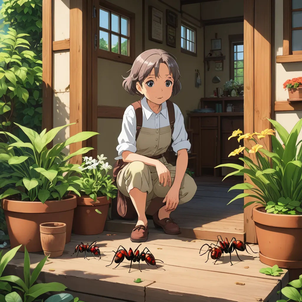a woman kneeling down next to a group of bugs on a porch next to potted plants and a building, magic realism, a storybook illustration, Aguri Uchida, official art