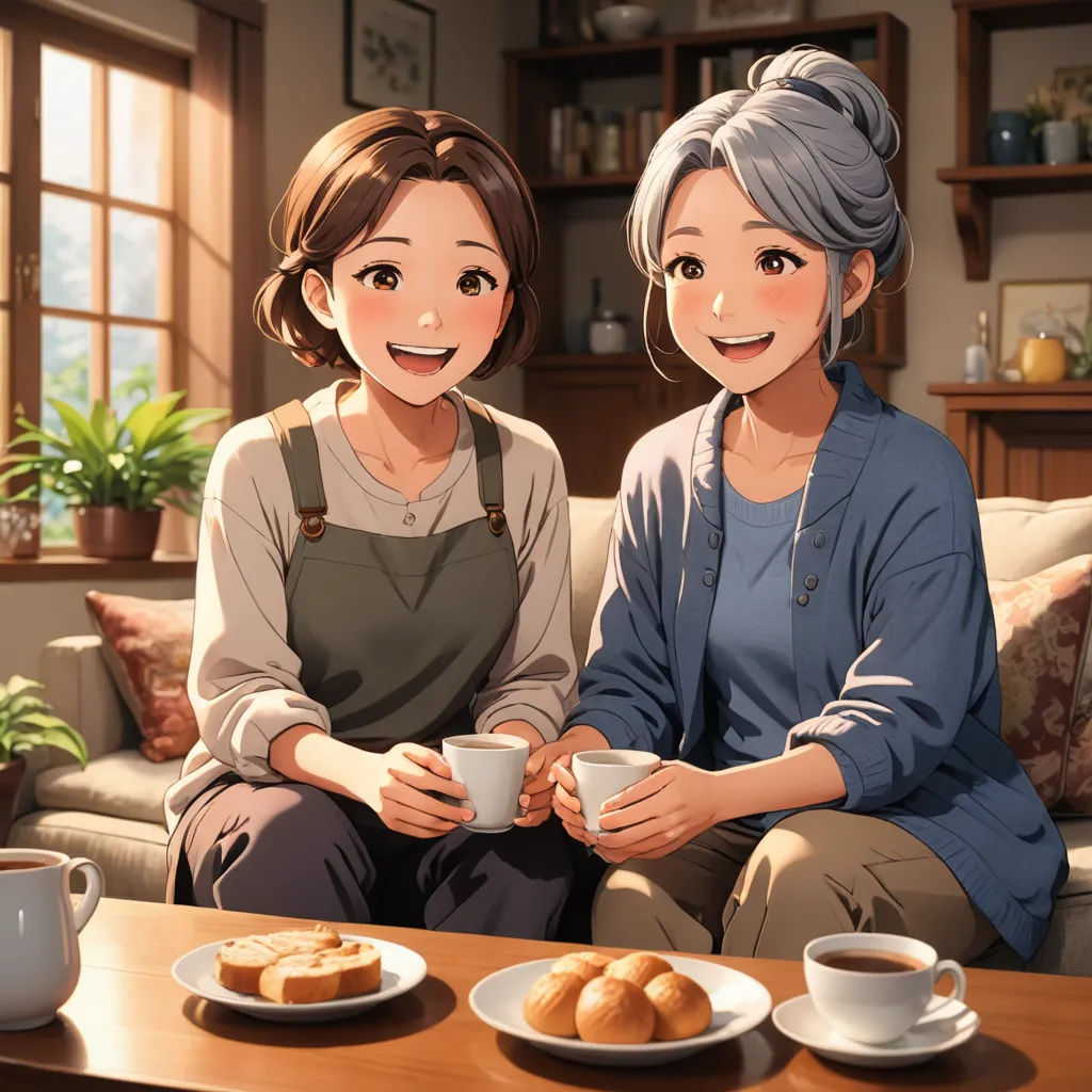two women sitting on a couch holding cups of coffee and smiling at the camera, with a table with pastries and a pot of tea, remodernism, a stock photo, Bourgeois, official art