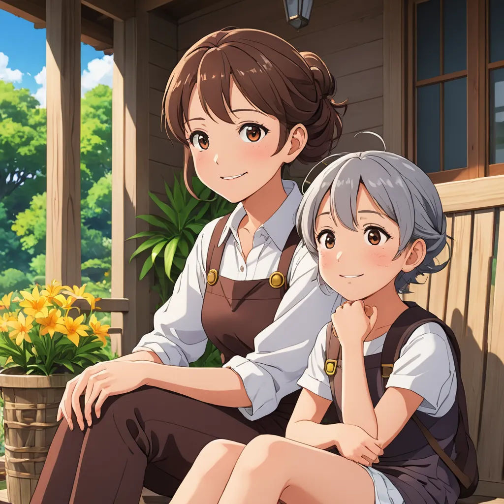 two anime characters sitting on a porch with flowers in the background and a woman in a white shirt and a man in a brown dress, sots art, a picture, Anne Said, official art