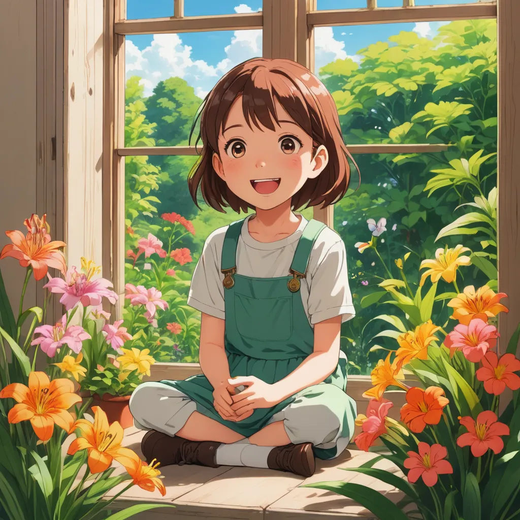 a girl sitting on the ground in front of a window with flowers in front of her and a potted plant in front of her, color field, a painting, Chizuko Yoshida, official art