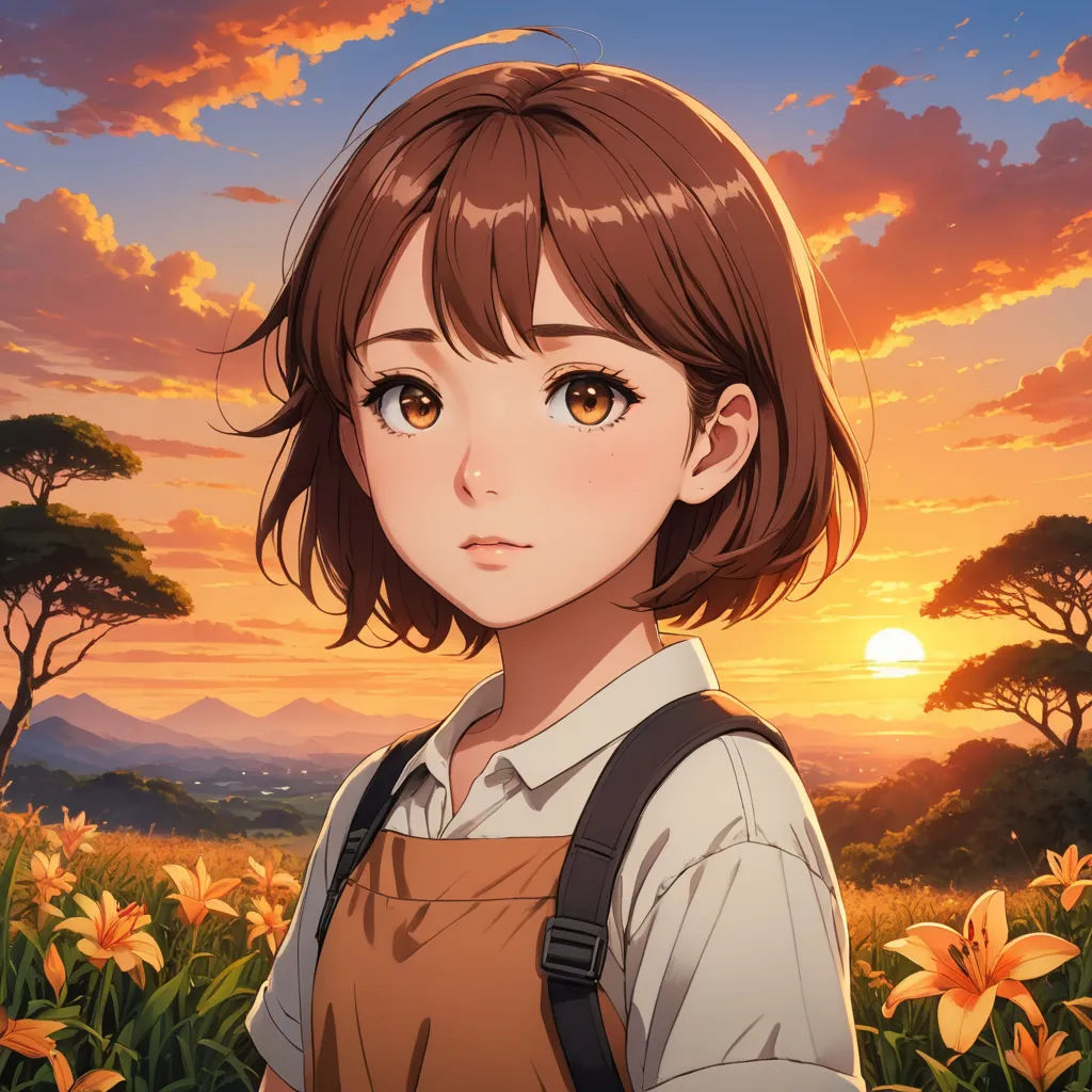 a girl standing in a field of flowers with the sun setting behind her and a sky filled with clouds, sots art, a character portrait, Chizuko Yoshida, official art