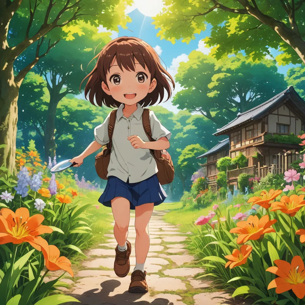 a girl walking down a path in a forest with flowers and trees around her, with a house in the background, visual art, poster art, Ai-Mitsu, official art