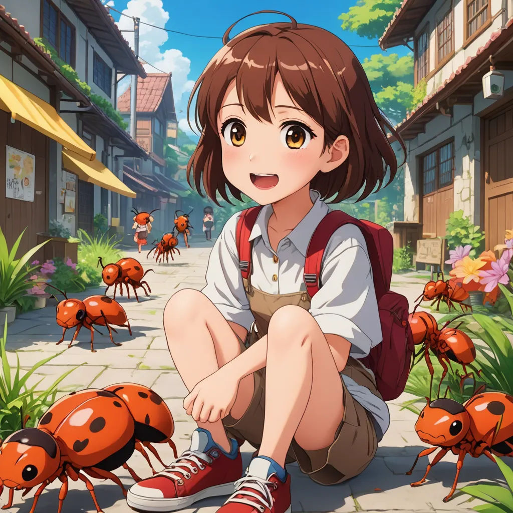 a girl sitting on the ground with a bunch of red bugs around her and a bunch of red ladybugs, magic realism, concept art, Chizuko Yoshida, official art