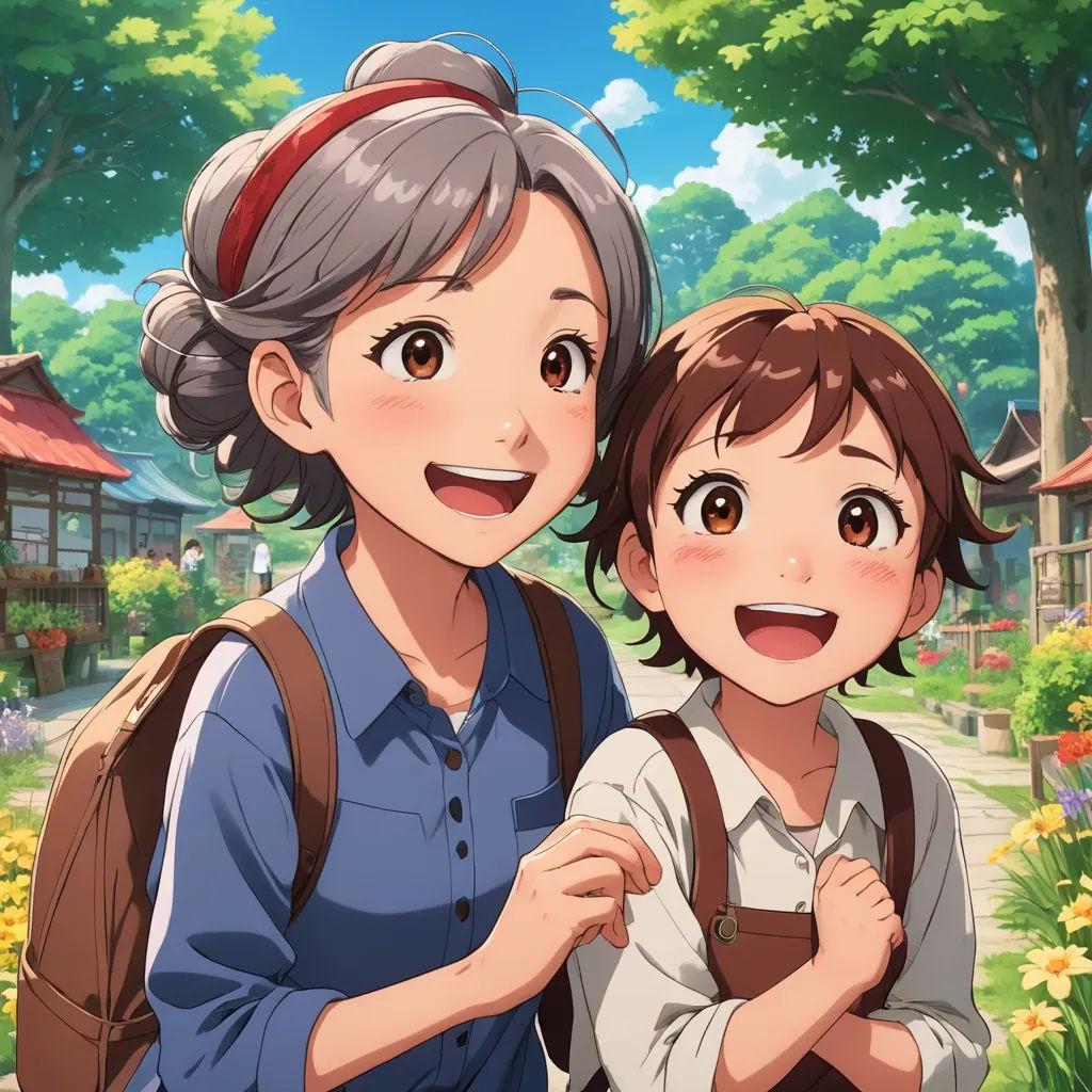 a woman and a child are standing in front of a tree and flowers in a park with a house, sots art, concept art, Anne Said, official art