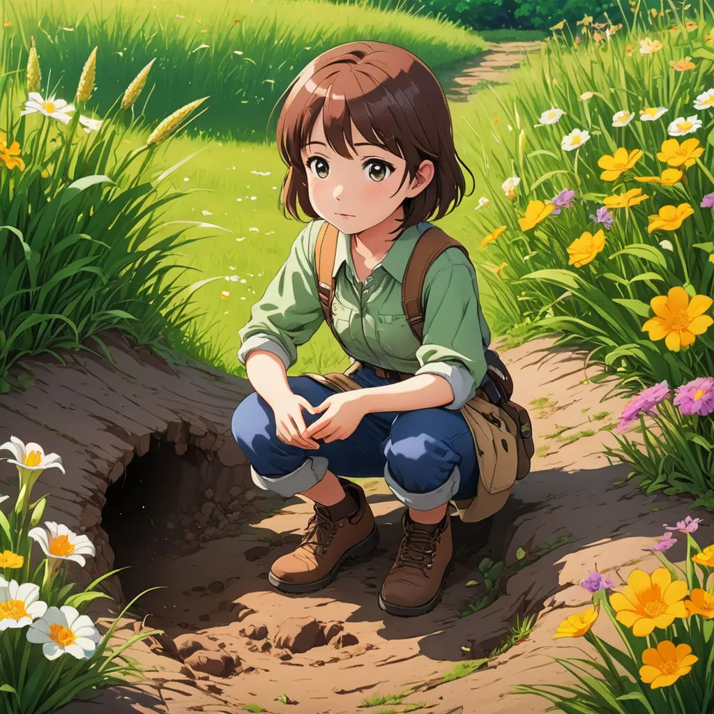 a girl sitting on a tree stump in a field of flowers and grass with a backpack on her lap, environmental art, a character portrait, Chizuko Yoshida, official art