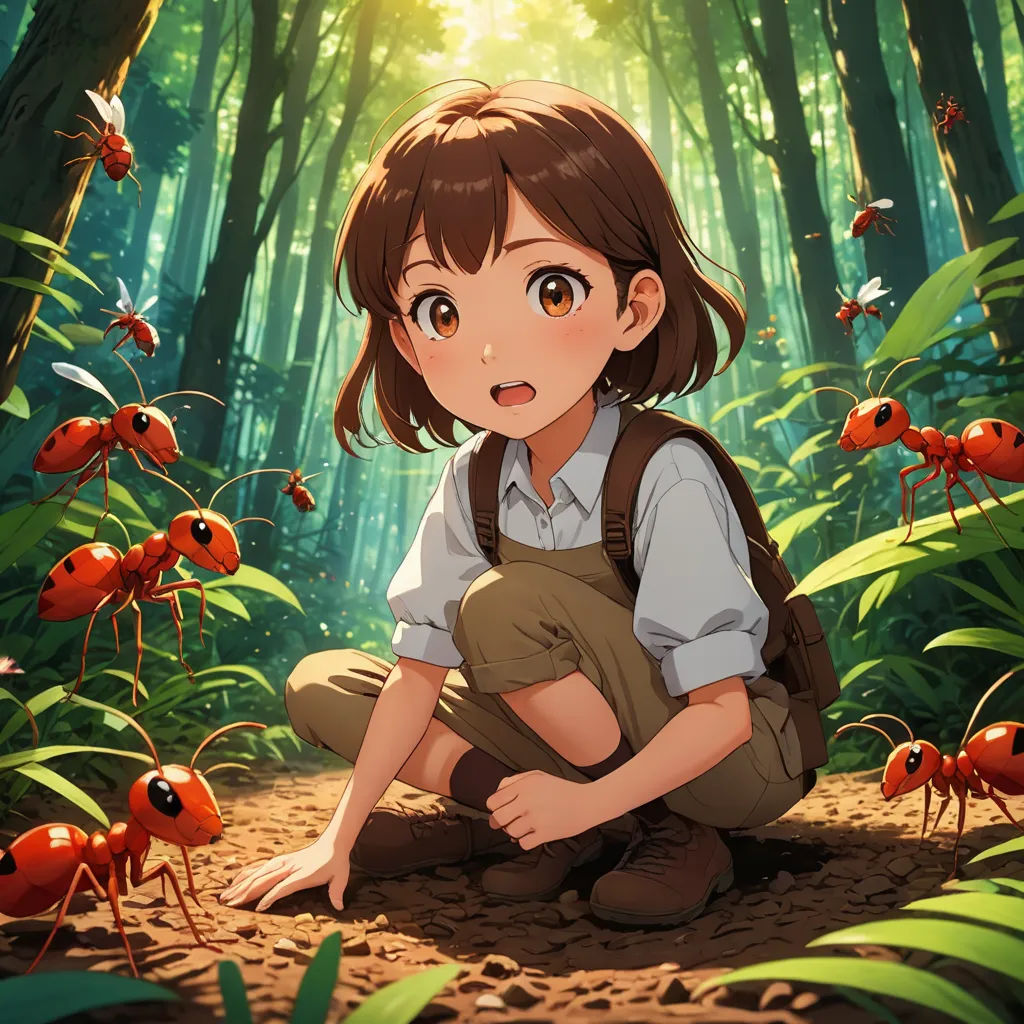 a girl kneeling down in the middle of a forest with many red ants around her and a forest background, primitivism, an album cover, Ai-Mitsu, official art