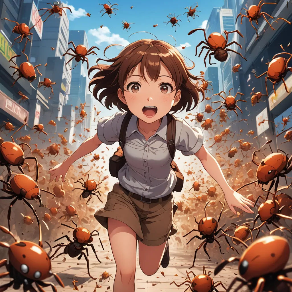 a girl running through a bunch of bugs in the air with her mouth open and eyes closed, with a city in the background, context art, concept art, Aya Goda, official art