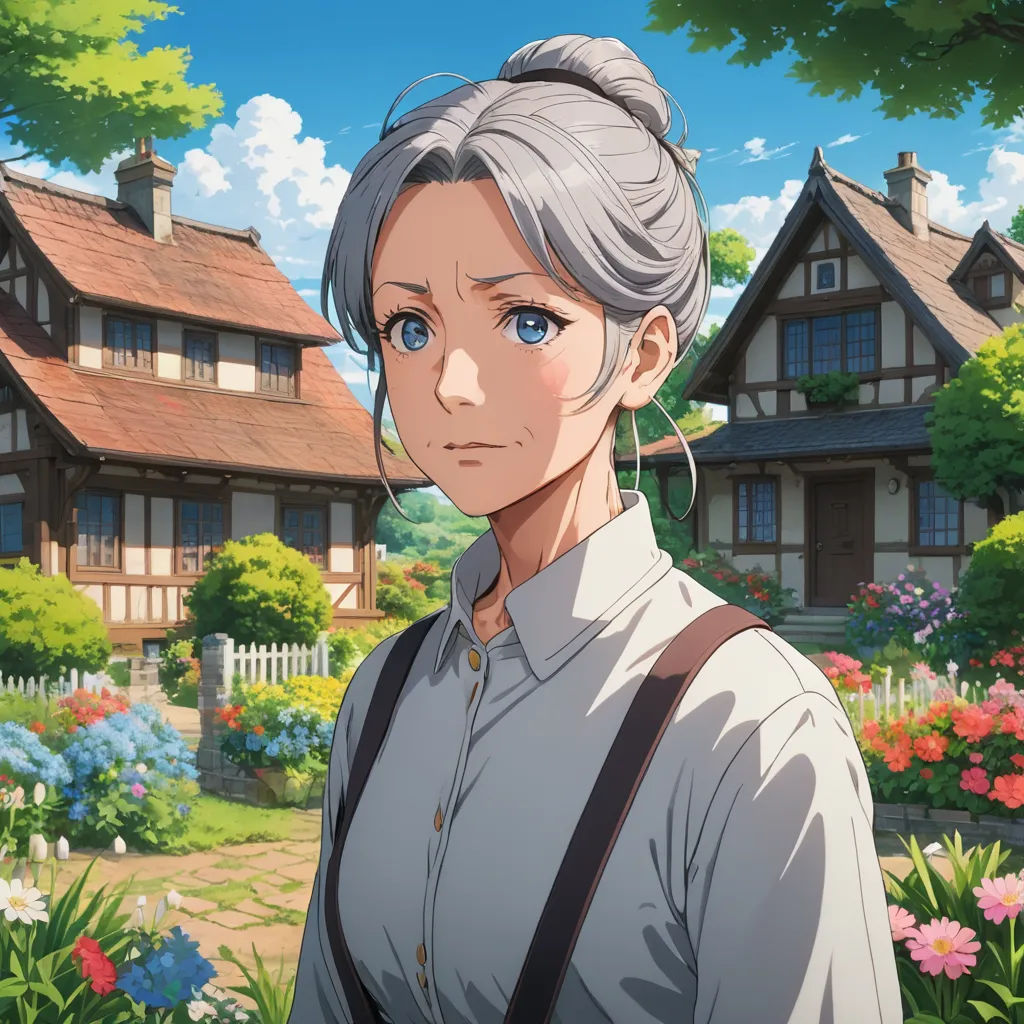 a woman standing in front of a house with a garden in front of her and a house in the background, sots art, a character portrait, Anne Said, official art