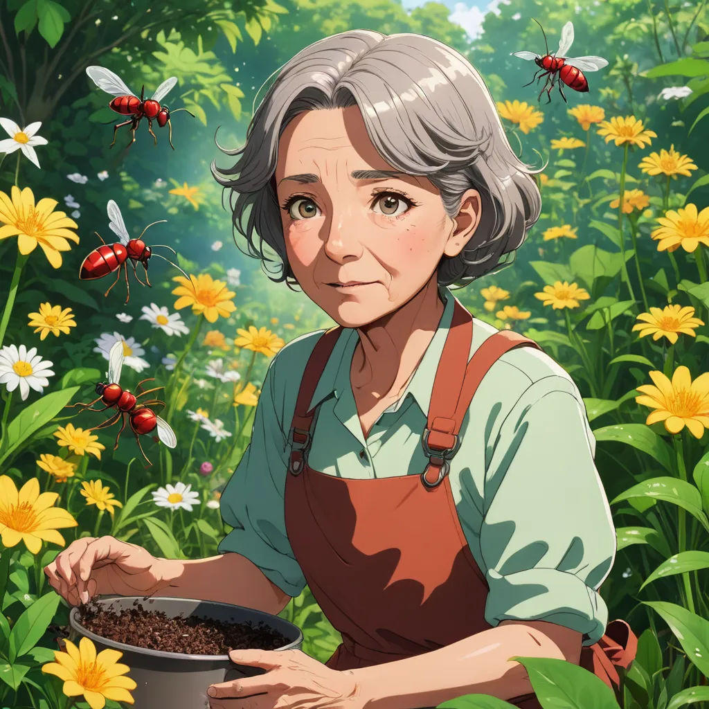 a woman holding a pot of coffee in a field of flowers and bees in the background, with a ladybug in the foreground, sots art, a character portrait, Ada Gladys Killins, official art