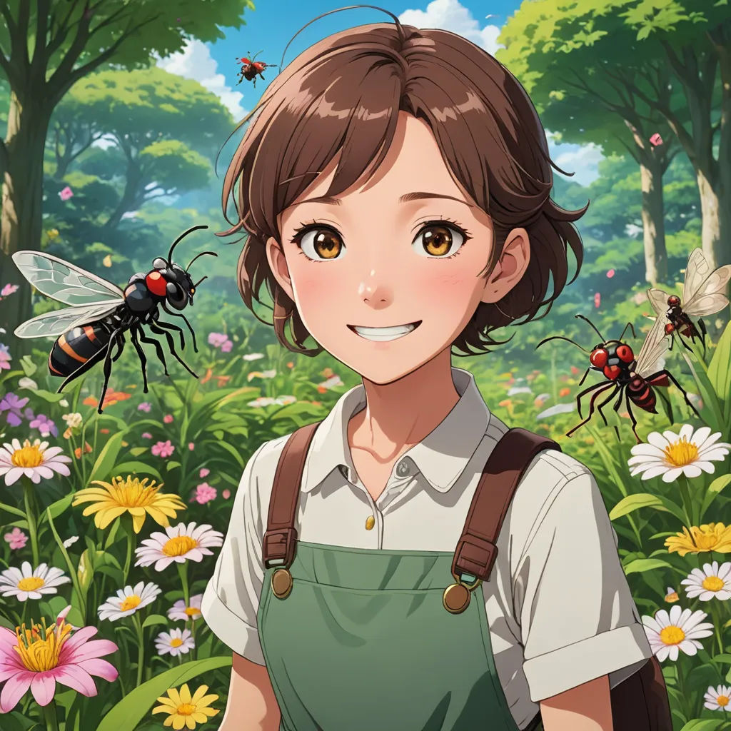 a girl in a field with bees and daisies in the background, and a bee flying over her head, environmental art, a character portrait, Ai-Mitsu, official art