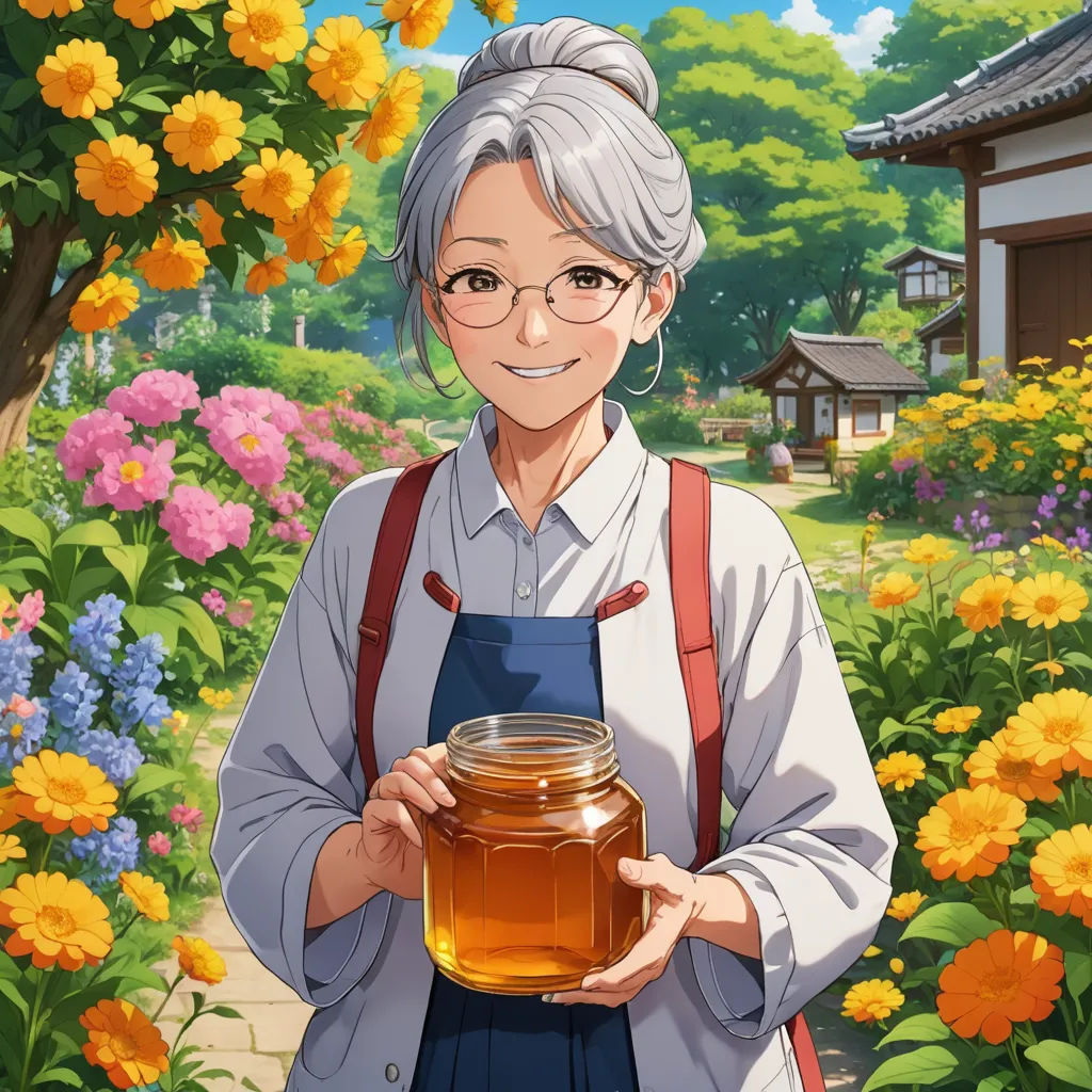 a woman holding a jar of honey in front of flowers and trees with a house in the background and a blue sky, remodernism, a character portrait, Chizuko Yoshida, official art