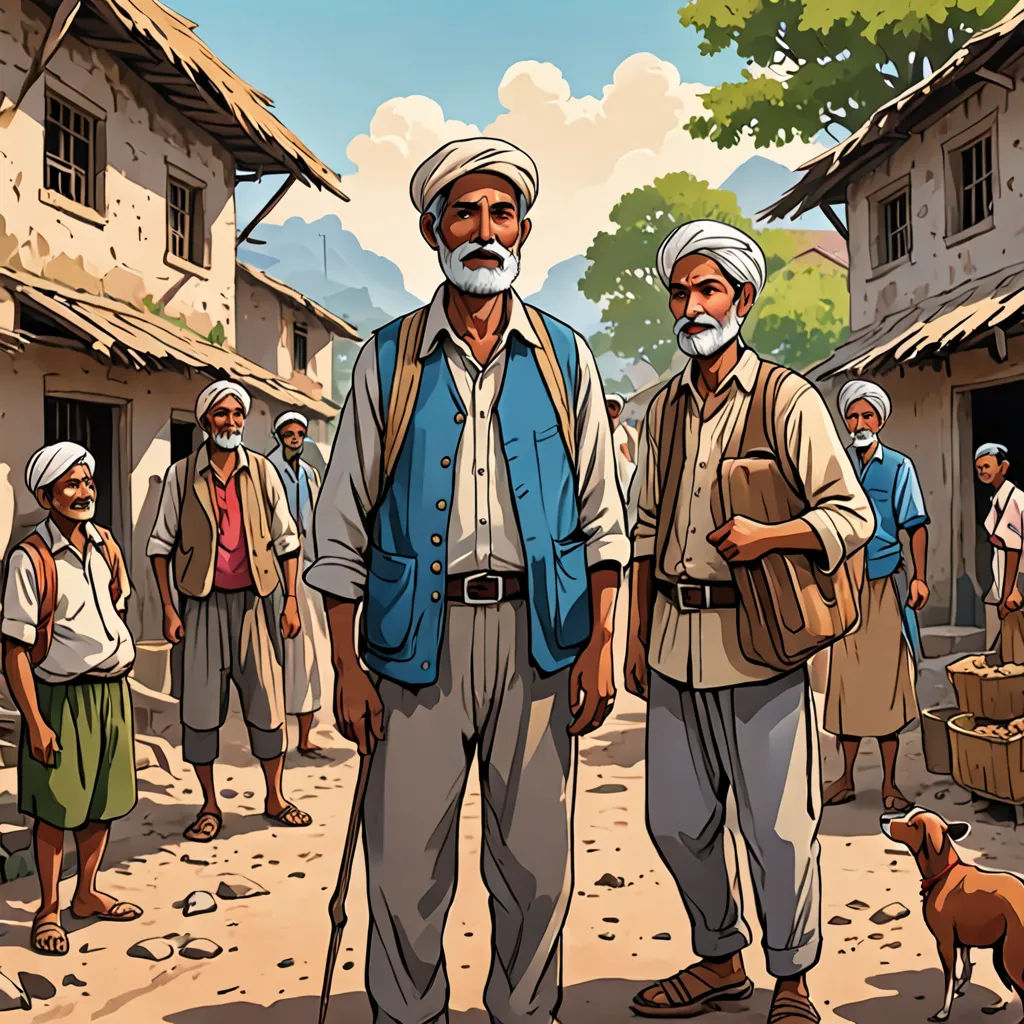 a group of people standing in a village with a dog on the ground and a man with a beard, hurufiyya, a comic book panel, Asaf Hanuka, graphic novel
