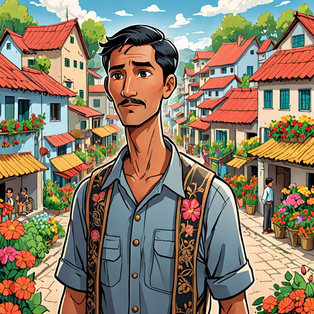 a man standing in front of a flower garden with a red roof on top of it and a blue shirt on, magical realism, a character portrait, Asaf Hanuka, key art