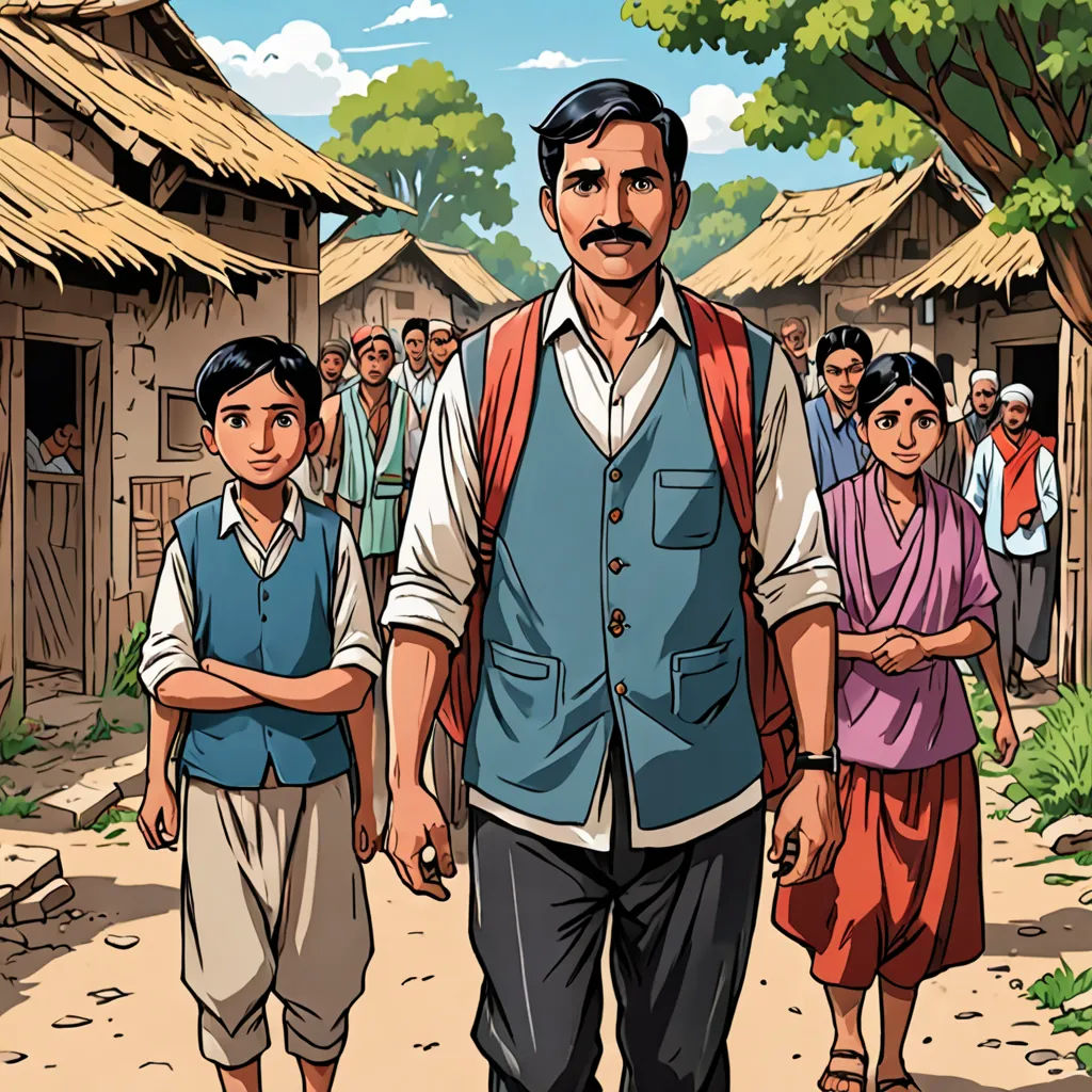 a man and a boy walking down a street with a group of people behind them in a village with thatched roofs, samikshavad, a storybook illustration, Bhupen Khakhar, graphic novel
