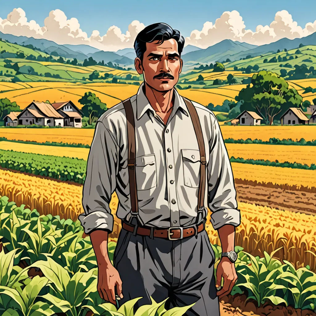 a man standing in a field of crops with a mustache on his face and a house in the background, serial art, a character portrait, Bhupen Khakhar, promotional image