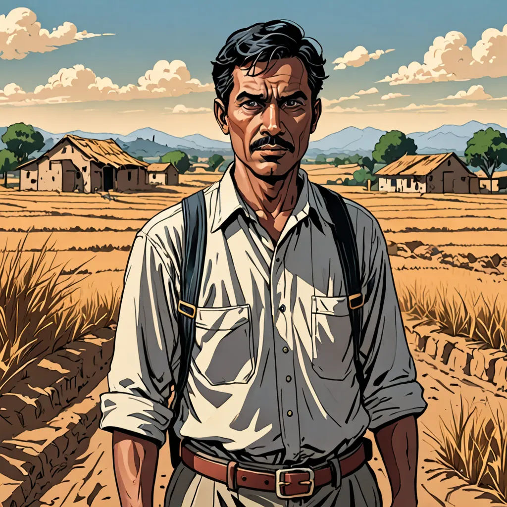 a man standing in a field with a backpack on his shoulder and a village in the background with a sky with clouds, serial art, a character portrait, Bhupen Khakhar, graphic novel