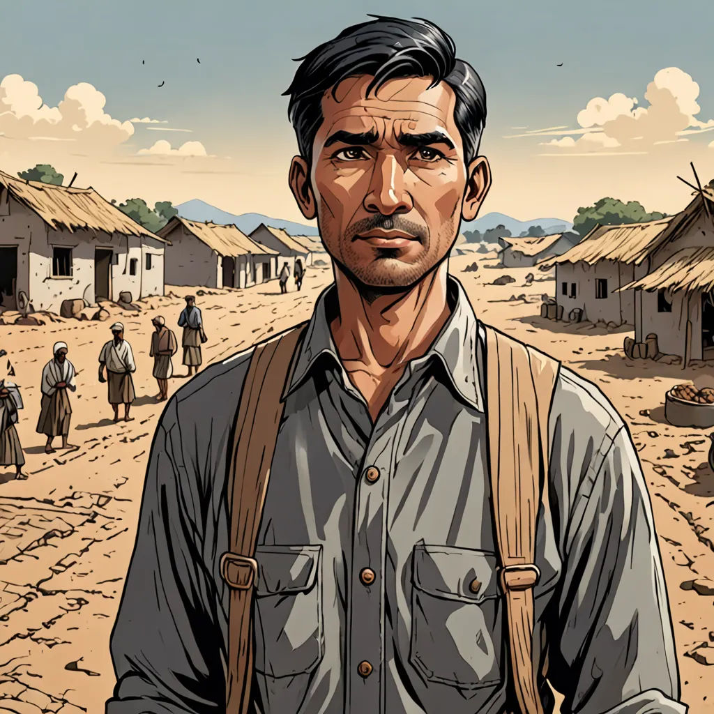 a man standing in a village with a backpack on his shoulder and a group of people in the background, serial art, a character portrait, Asaf Hanuka, graphic novel