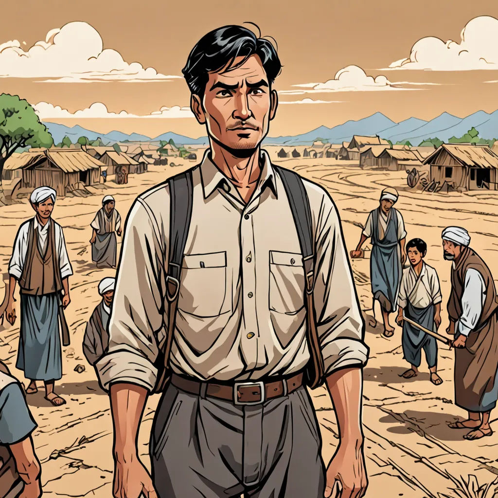 a man standing in a field with a group of people behind him and a village in the background with a few people walking around, private press, a comic book panel, Asaf Hanuka, graphic novel